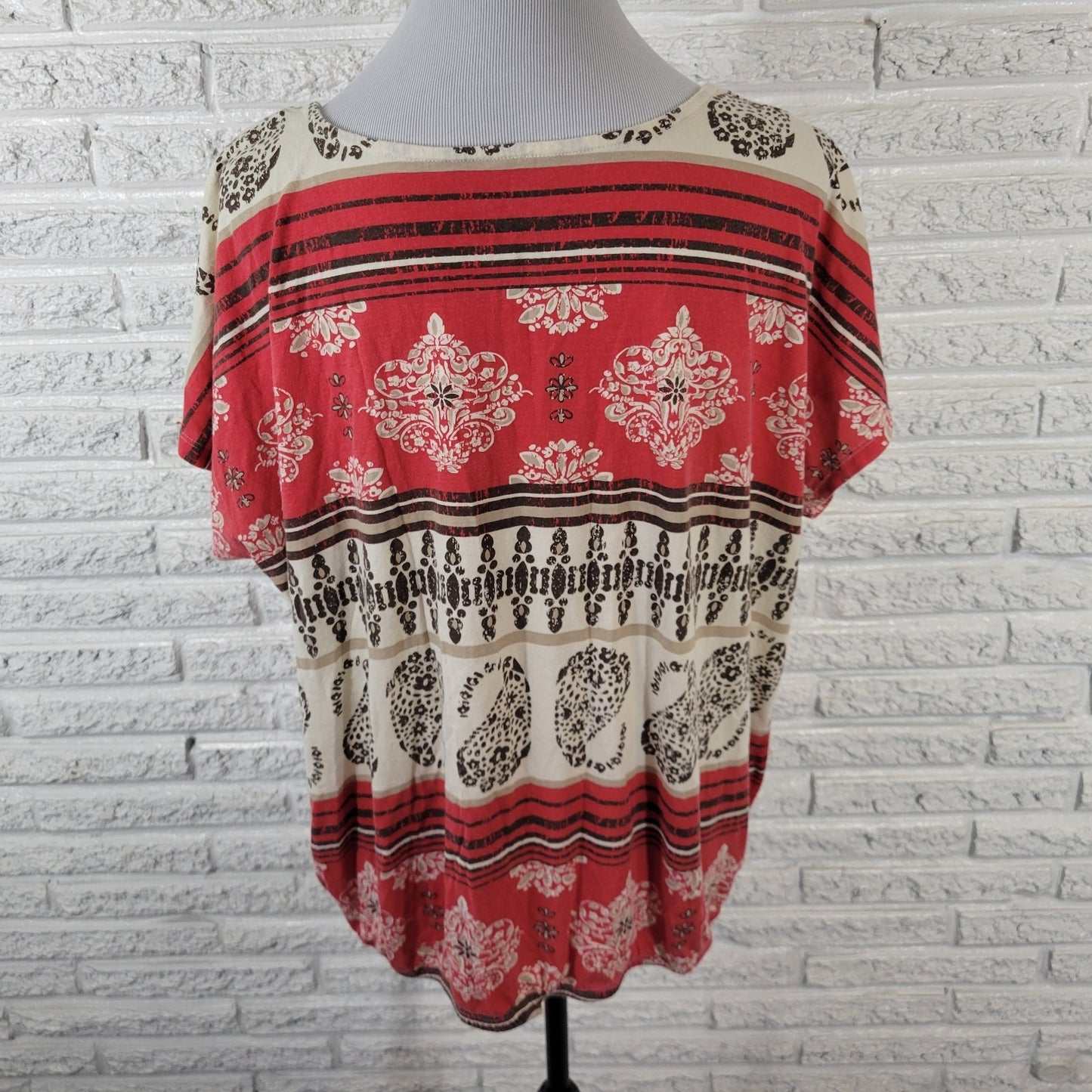 Sonoma Women's 1X Plus Size Red Brown Geometric Cap Sleeve Tee Top Cotton