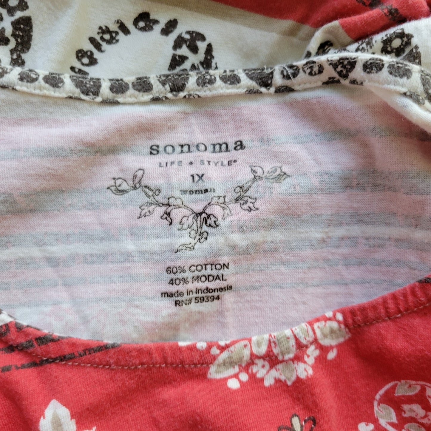Sonoma Women's 1X Plus Size Red Brown Geometric Cap Sleeve Tee Top Cotton