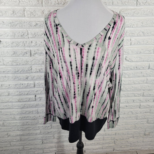 Westbound Womens Top XL Tee Long Sleeve Green Pink Tie Dye Comfy Cotton Blend