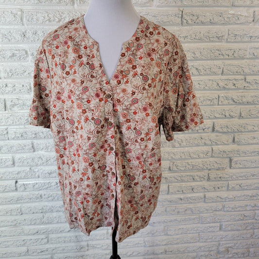 CJ Banks Womens Top 1X Short Sleeve Red Orange Floral Linen Rayon Lightweight