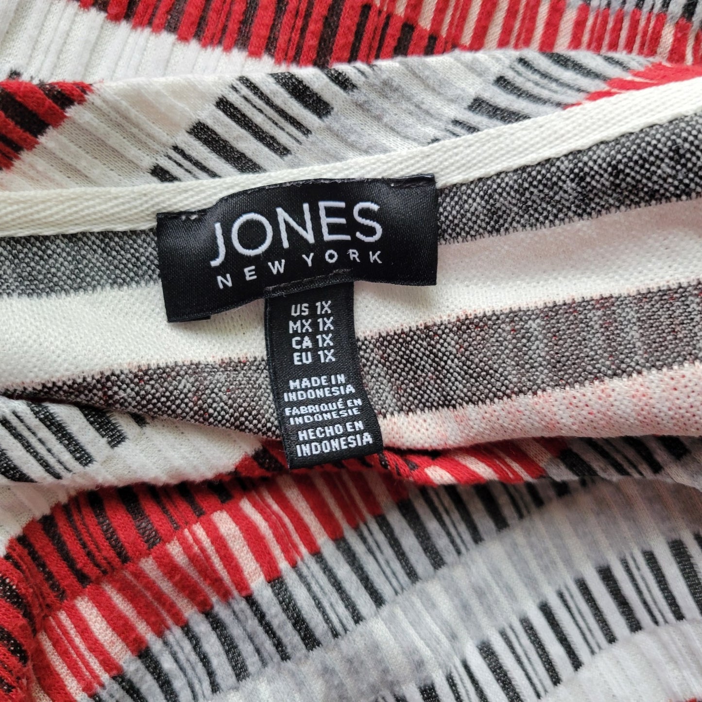 Jones New York 1X Blouse Top Red Gray Striped 3/4 Sleeve Stretch STR104E