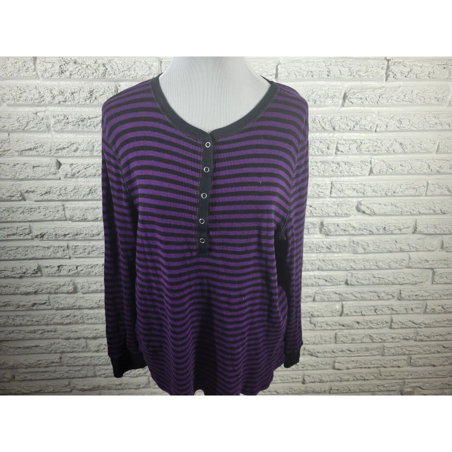 Chaps Womens Top 2X Plus Long Sleeve Knit Purple Stripe Snap Up Cotton Casual
