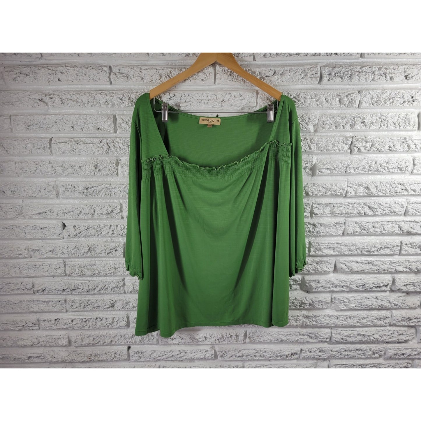 Notations Womens Top 2X Plus 3/4 Sleeve Square Neckline Green Casual Poly Blend