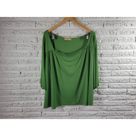 Notations Womens Top 2X Plus 3/4 Sleeve Square Neckline Green Casual Poly Blend