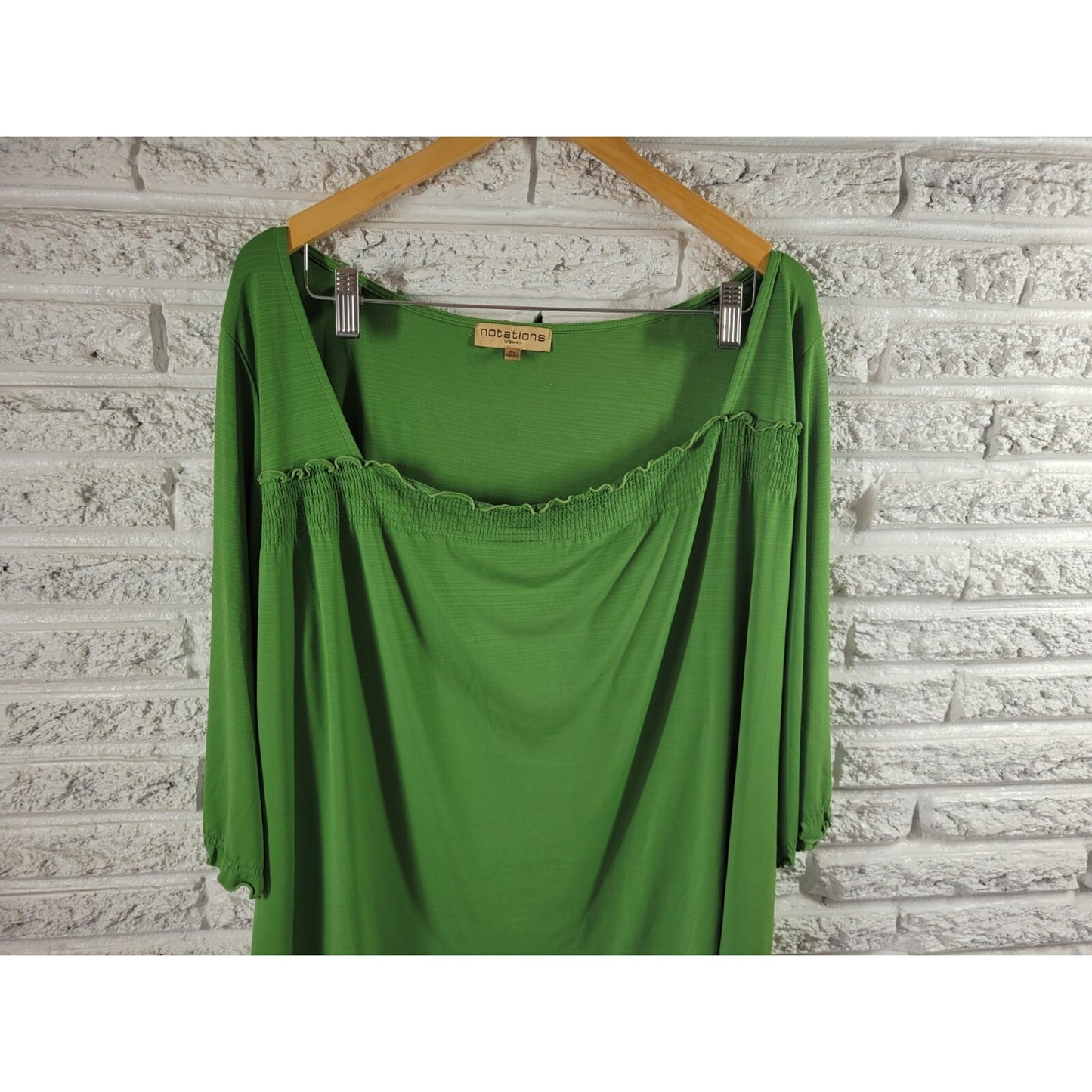 Notations Womens Top 2X Plus 3/4 Sleeve Square Neckline Green Casual Poly Blend