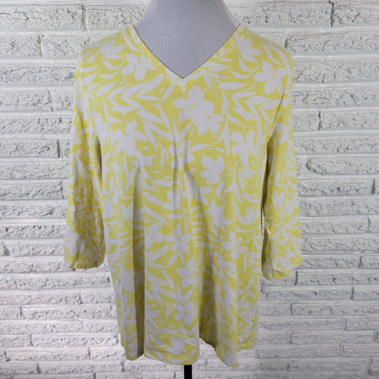 Denim Co QVC Womens Top Extra Large Tee 3/4 Sleeve Yellow Floral Cotton Blend