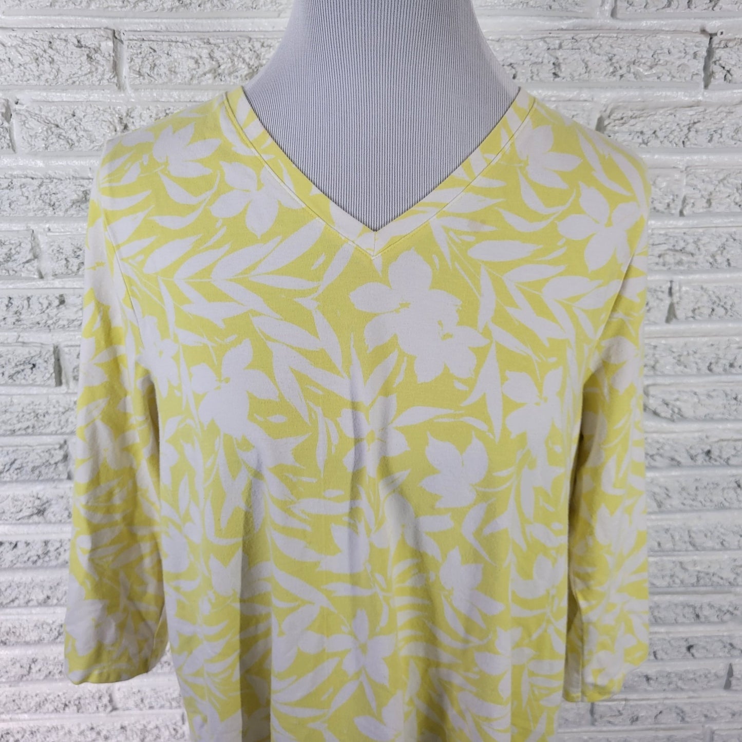 Denim Co QVC Womens Top Extra Large Tee 3/4 Sleeve Yellow Floral Cotton Blend