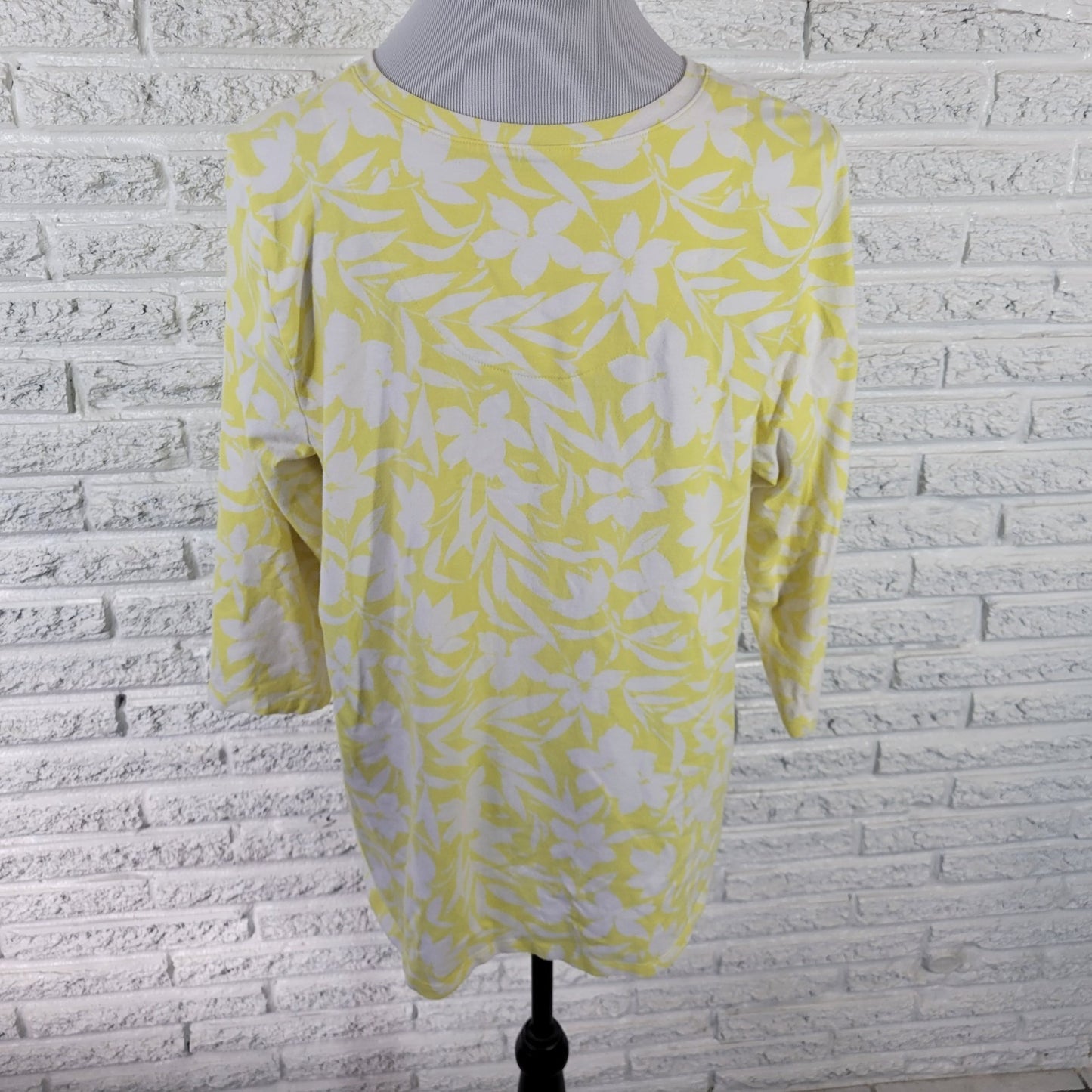 Denim Co QVC Womens Top Extra Large Tee 3/4 Sleeve Yellow Floral Cotton Blend