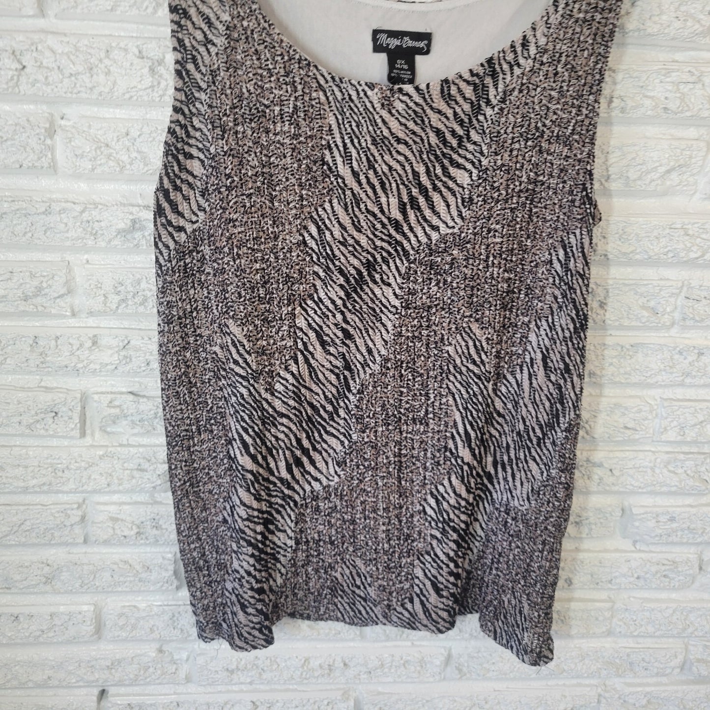 Maggie Barnes Womens Top 0X 14 16 Tank Black Tan Animal Print Lightweight Knit