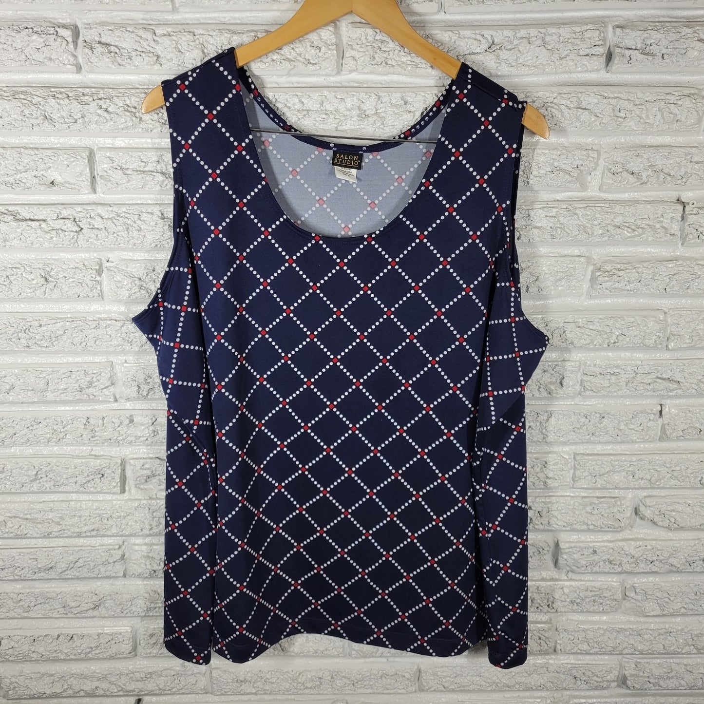 Salon Studio Womens Top 3X Plus Tank Blue Red Geometric Poly Blend Office Casual