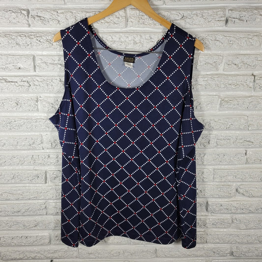 Salon Studio Womens Top 3X Plus Tank Blue Red Geometric Poly Blend Office Casual