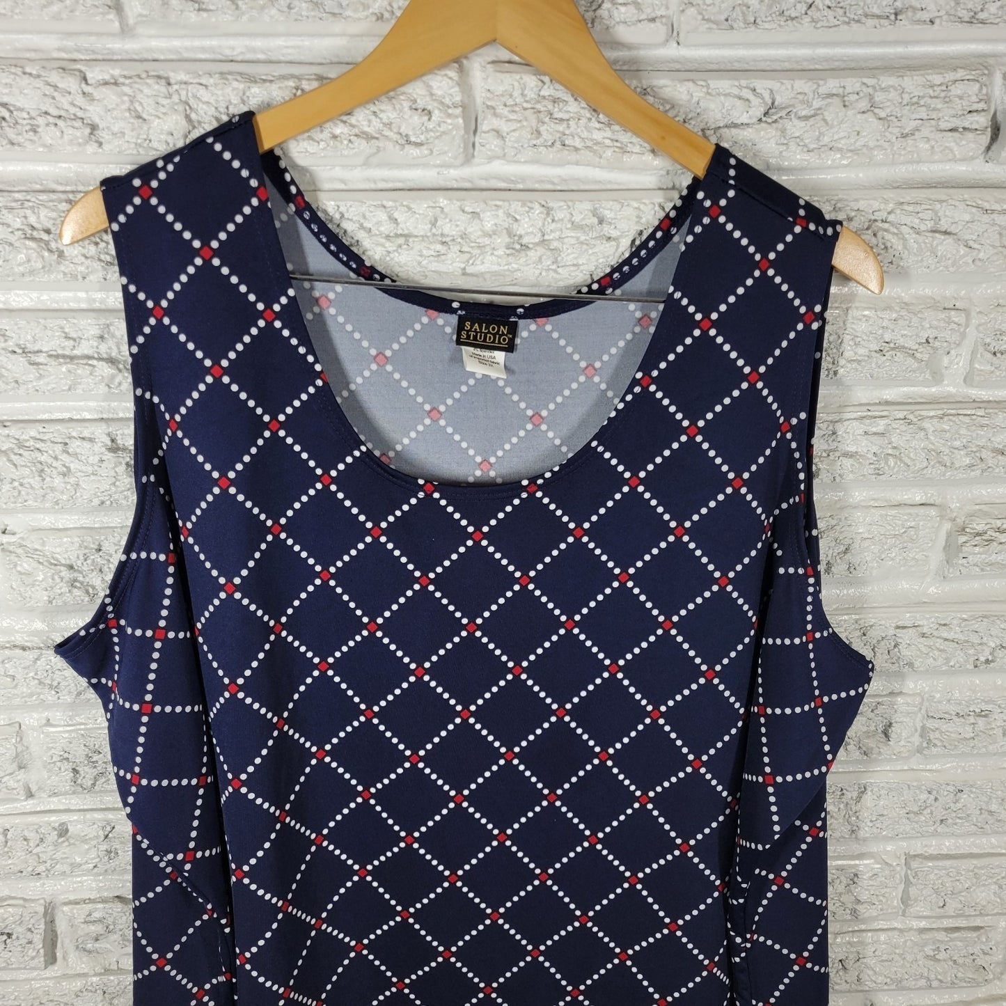 Salon Studio Womens Top 3X Plus Tank Blue Red Geometric Poly Blend Office Casual