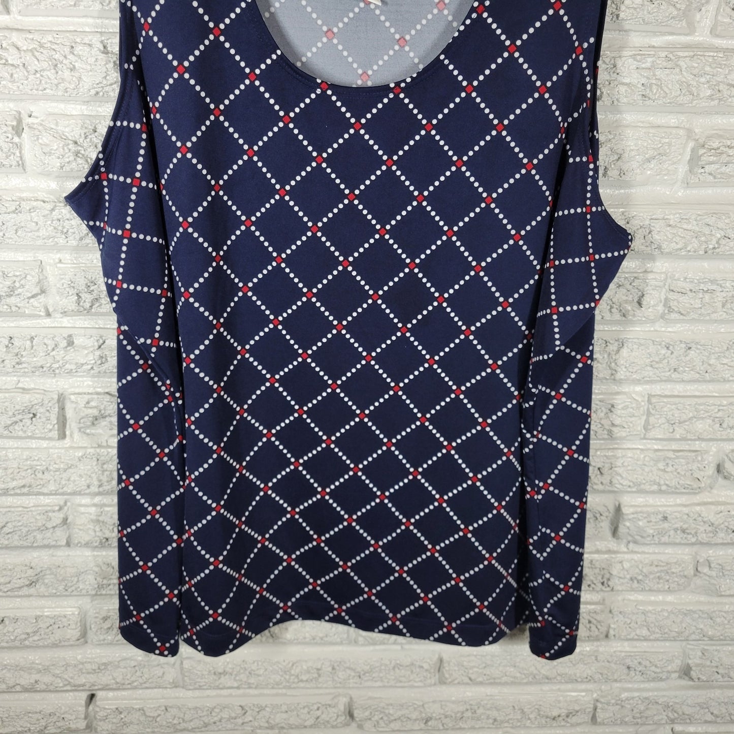 Salon Studio Womens Top 3X Plus Tank Blue Red Geometric Poly Blend Office Casual