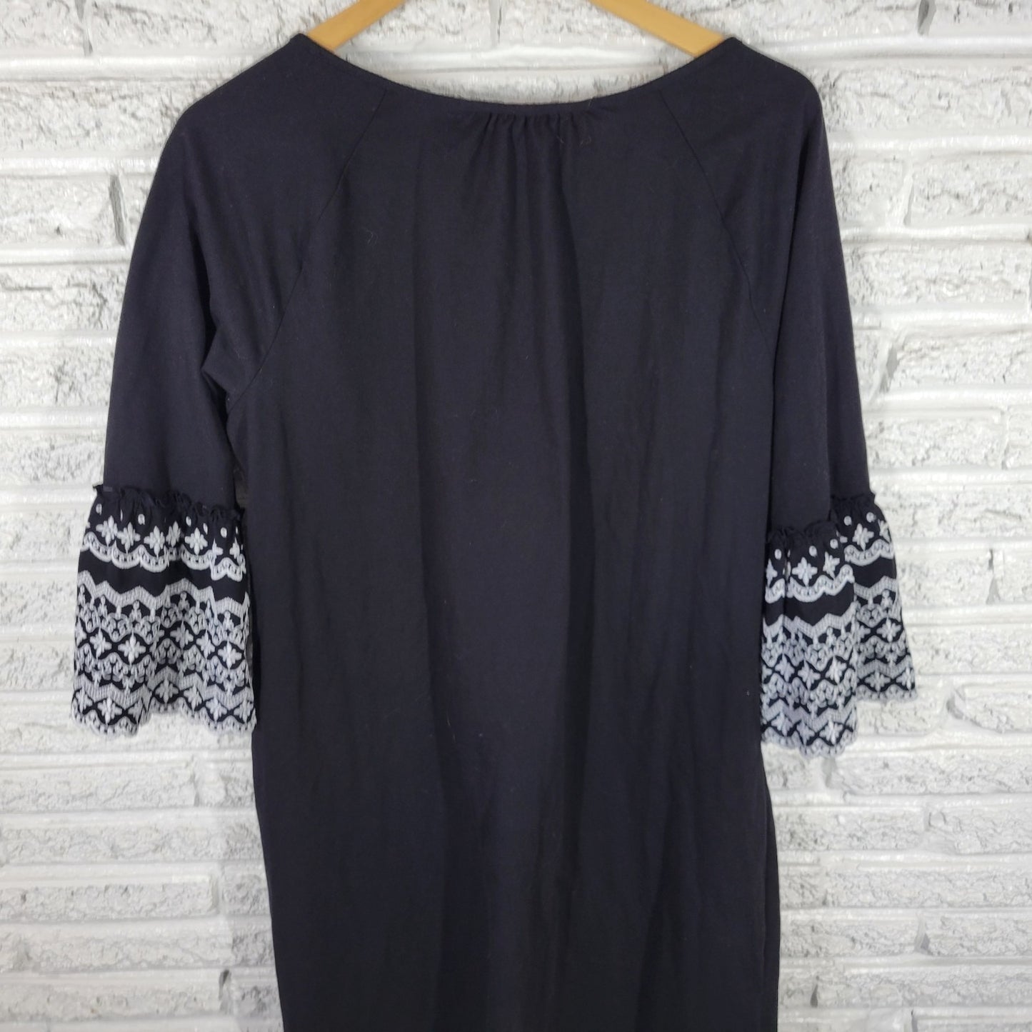 St. John's Bay XL Black Dress Embroidered Keyhole 3/4 Bell Sleeve Stretch Mini