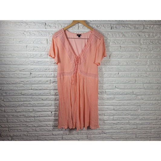 Torrid Womens Dress 1 1X Flutter Sleeve Pink Crochet Lined Crinkle Rayon Lace