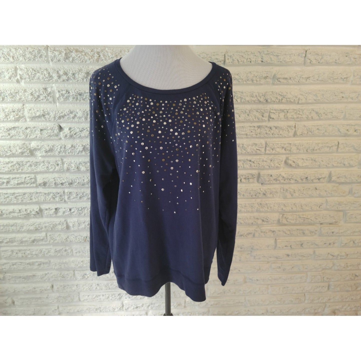 Apt 9 Womens Top Extra Large XL Long Sleeve Studded Blue Cotton Blend Casual