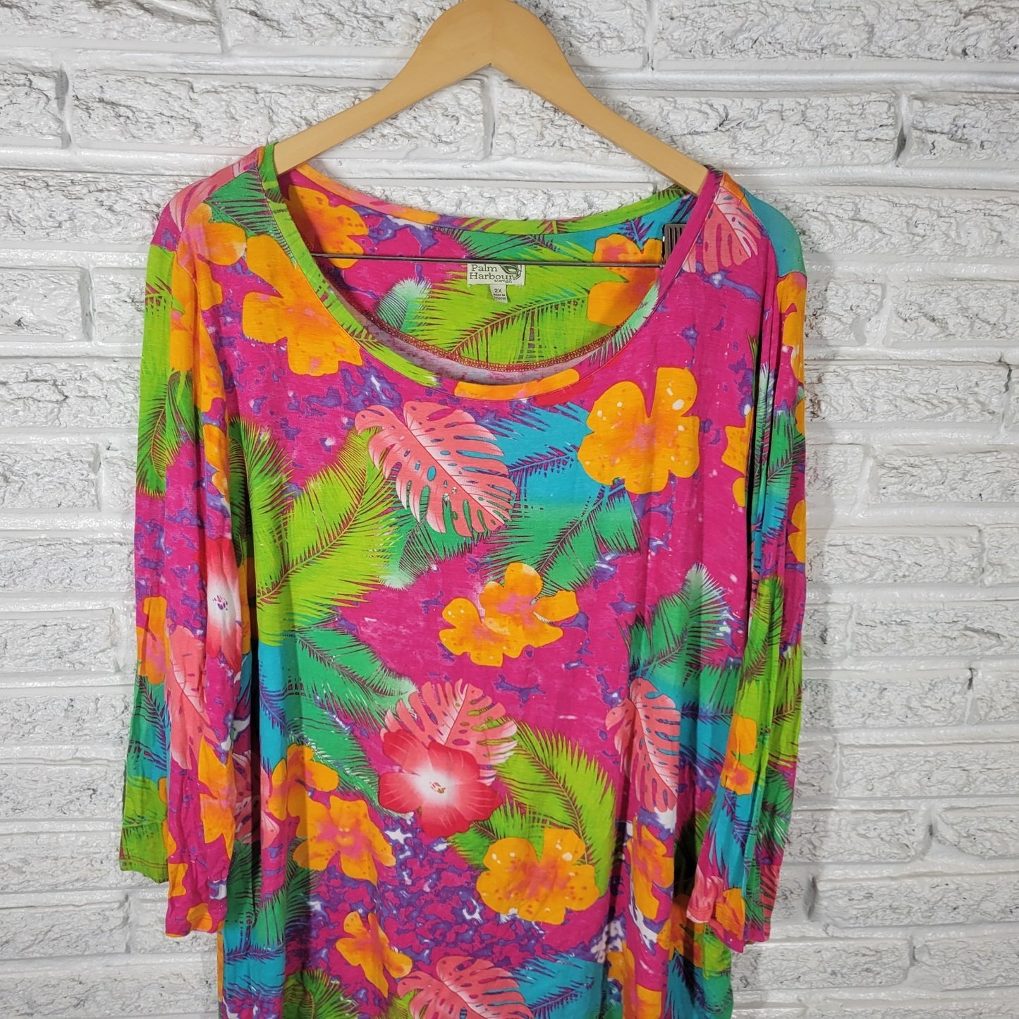 Palm Harbour Womens Top 2X Plus Tunic 3/4 Sleeve Pink Floral Tied Side Casual