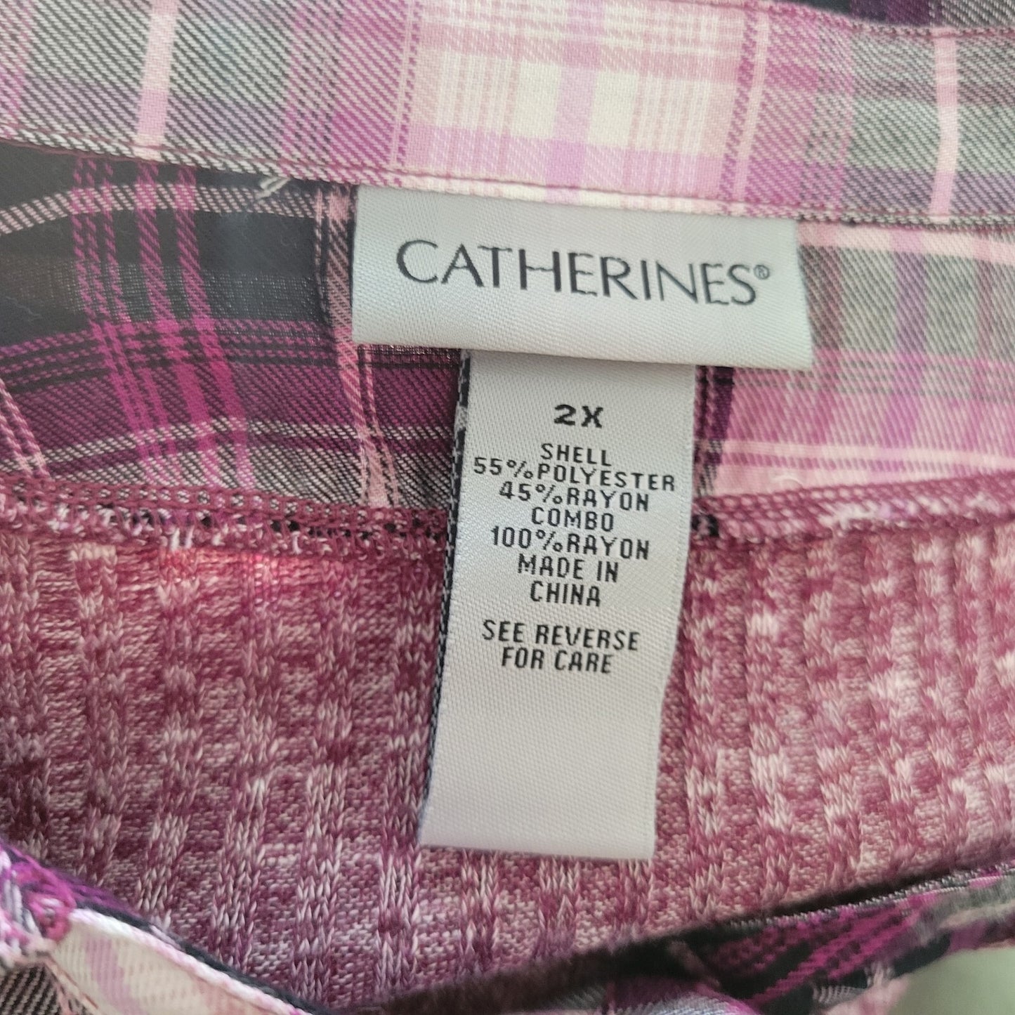 Catherines Womens Top 2X Plus Tunic Knit Purple Plaid Collar Quarter Button