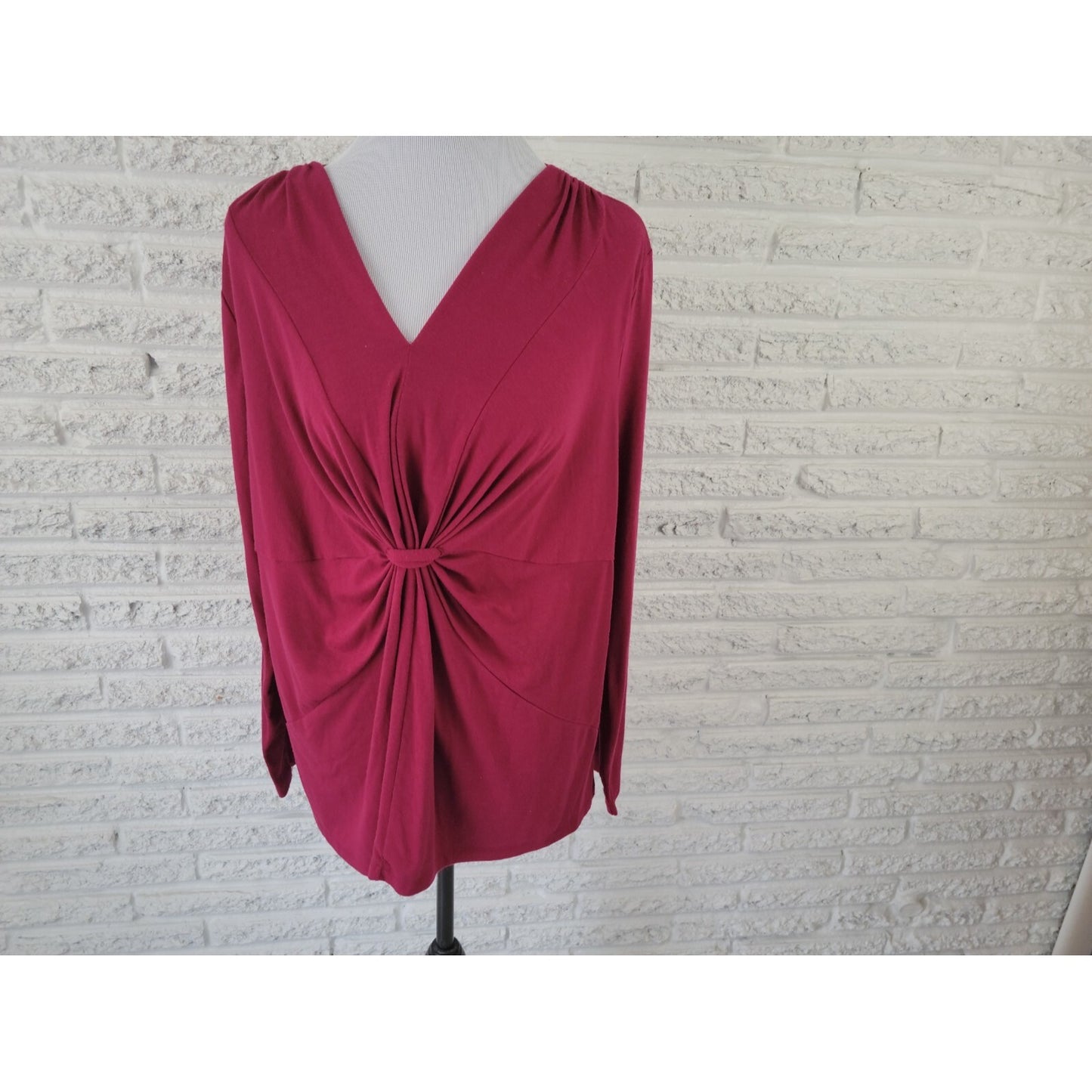 Just My Size Womens Top 2X 18W 20W Plus Long Sleeve Burgundy Gathered Pleated