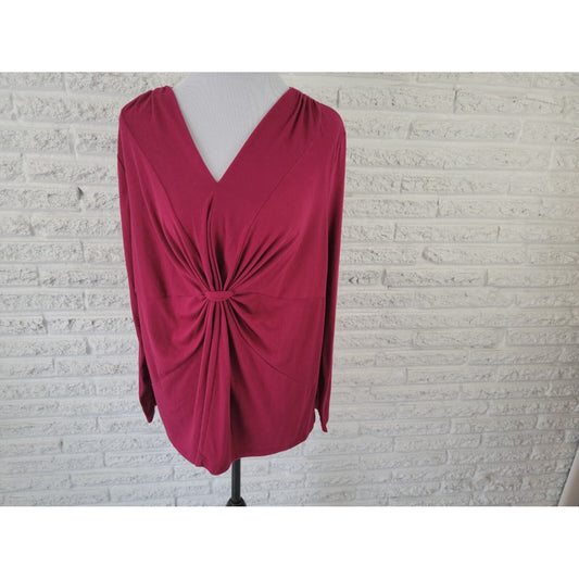 Just My Size Womens Top 2X 18W 20W Plus Long Sleeve Burgundy Gathered Pleated