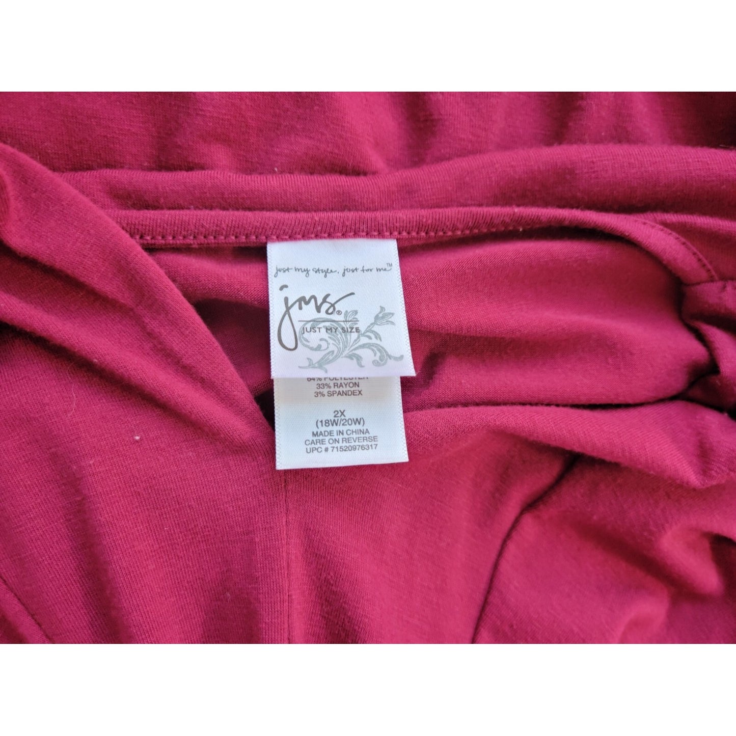 Just My Size Womens Top 2X 18W 20W Plus Long Sleeve Burgundy Gathered Pleated