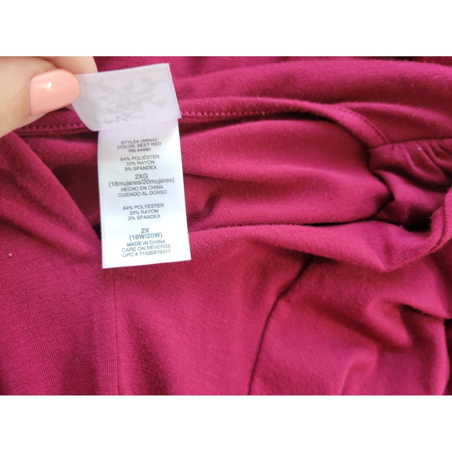 Just My Size Womens Top 2X 18W 20W Plus Long Sleeve Burgundy Gathered Pleated