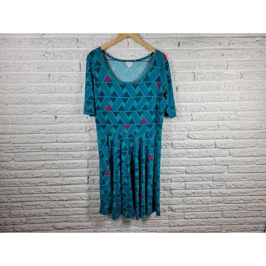Lularoe Womens Dress 3XL Plus Fit Flare Short Sleeve Blue Geometric Poly Blend