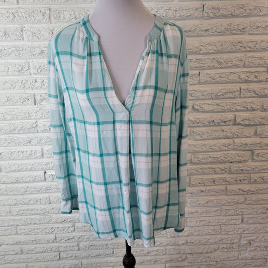 New York Co SOHO Womens Top Extra Large Long Sleeve Green White Plaid Casual
