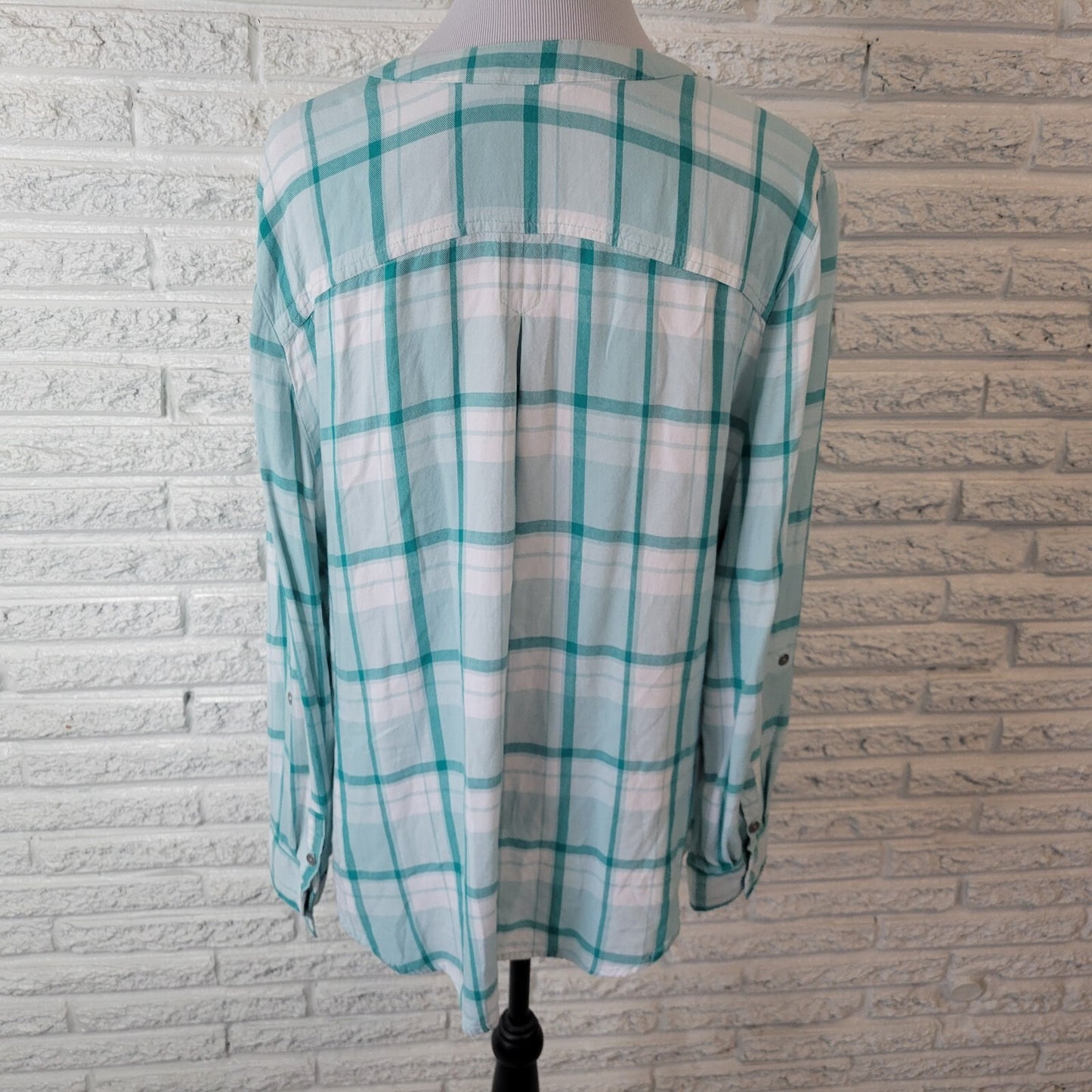 New York Co SOHO Womens Top Extra Large Long Sleeve Green White Plaid Casual