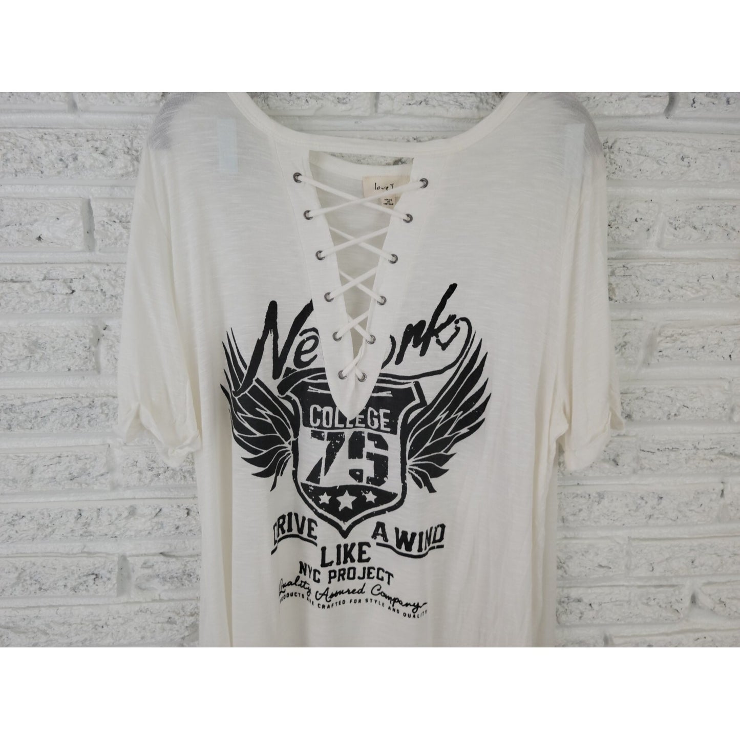 New York College Womens Top 3X Plus Tee Lace Up White Drive Like Wind Casual