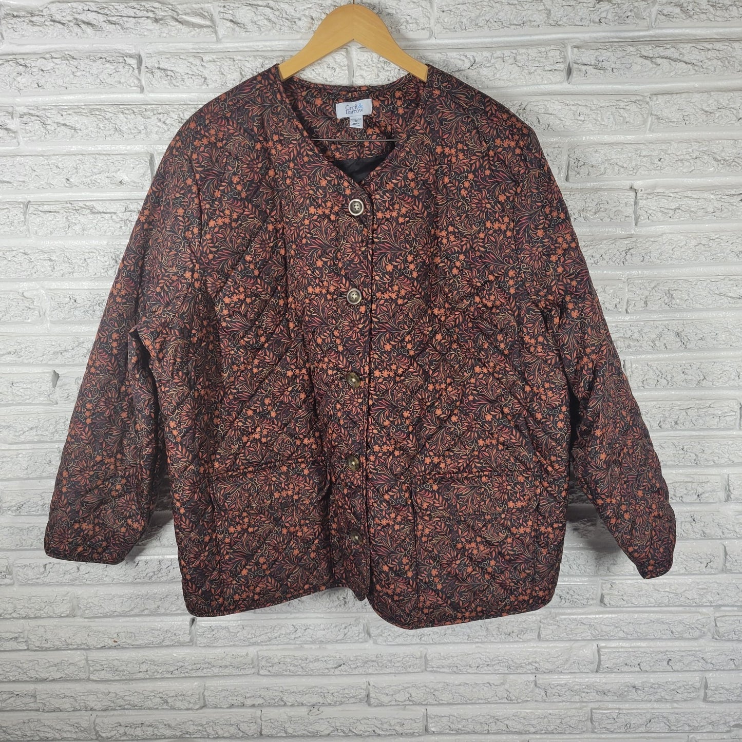 Croft & Barrow 3X Plus Size Quilted Jacket Orange Black Floral Pockets Button