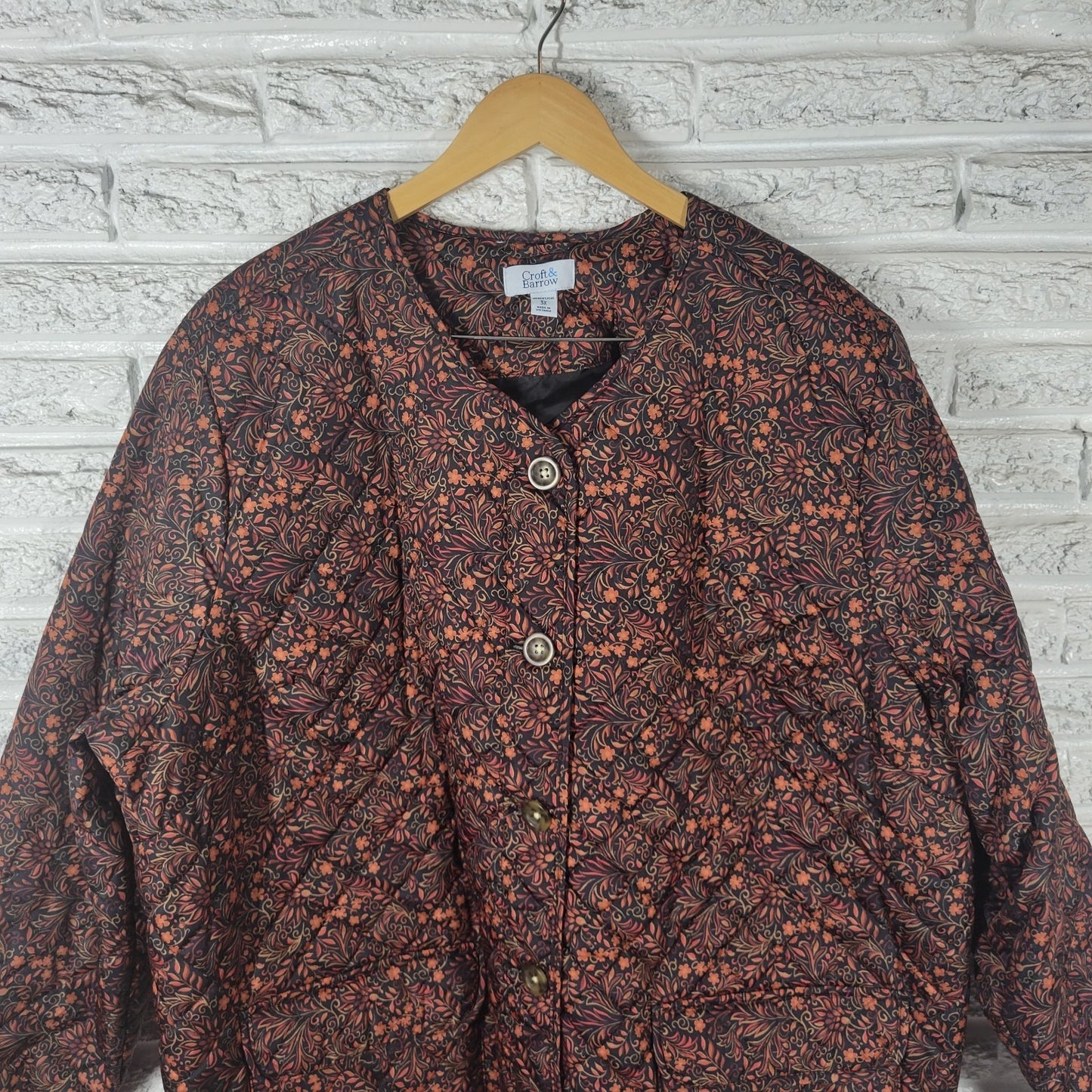 Croft & Barrow 3X Plus Size Quilted Jacket Orange Black Floral Pockets Button
