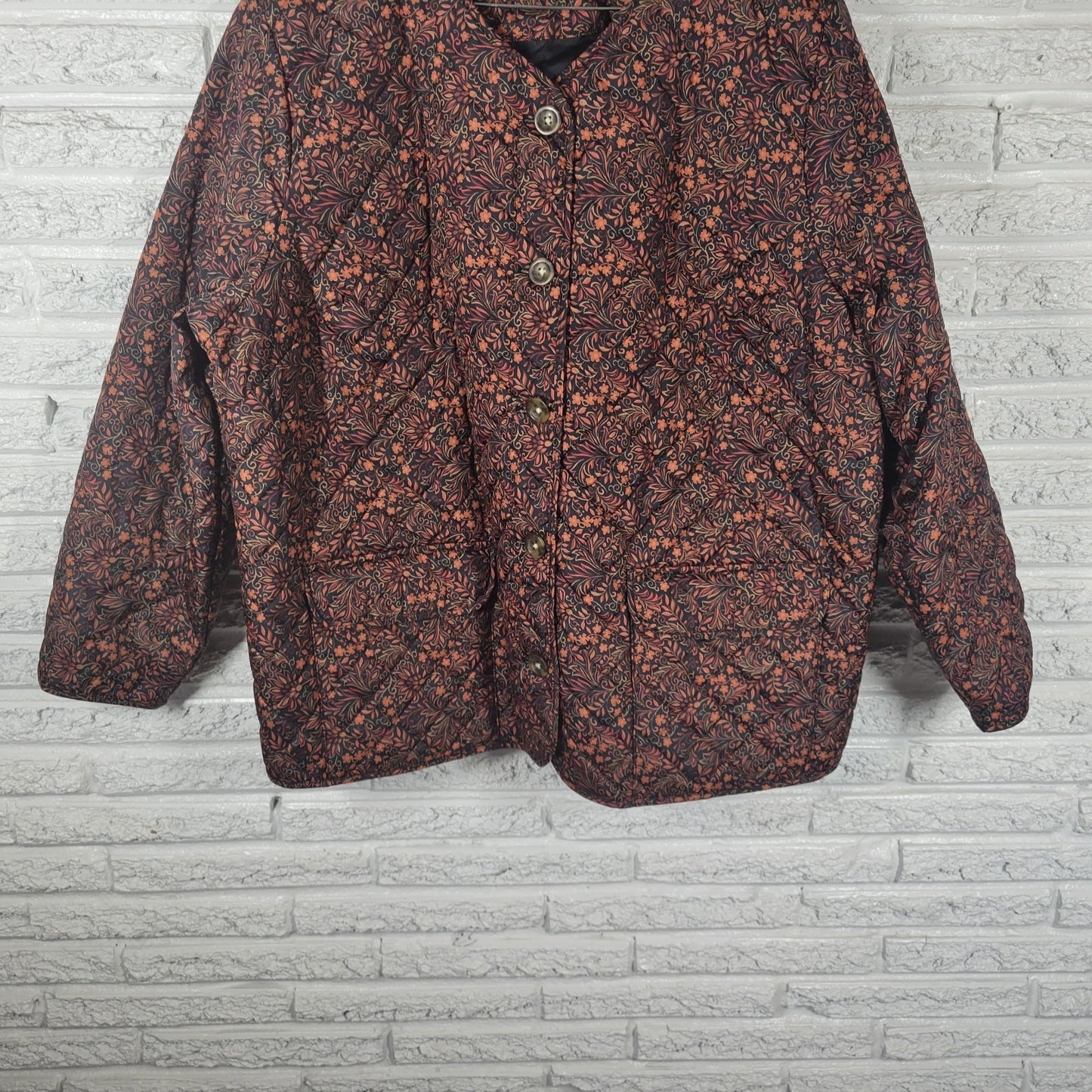 Croft & Barrow 3X Plus Size Quilted Jacket Orange Black Floral Pockets Button