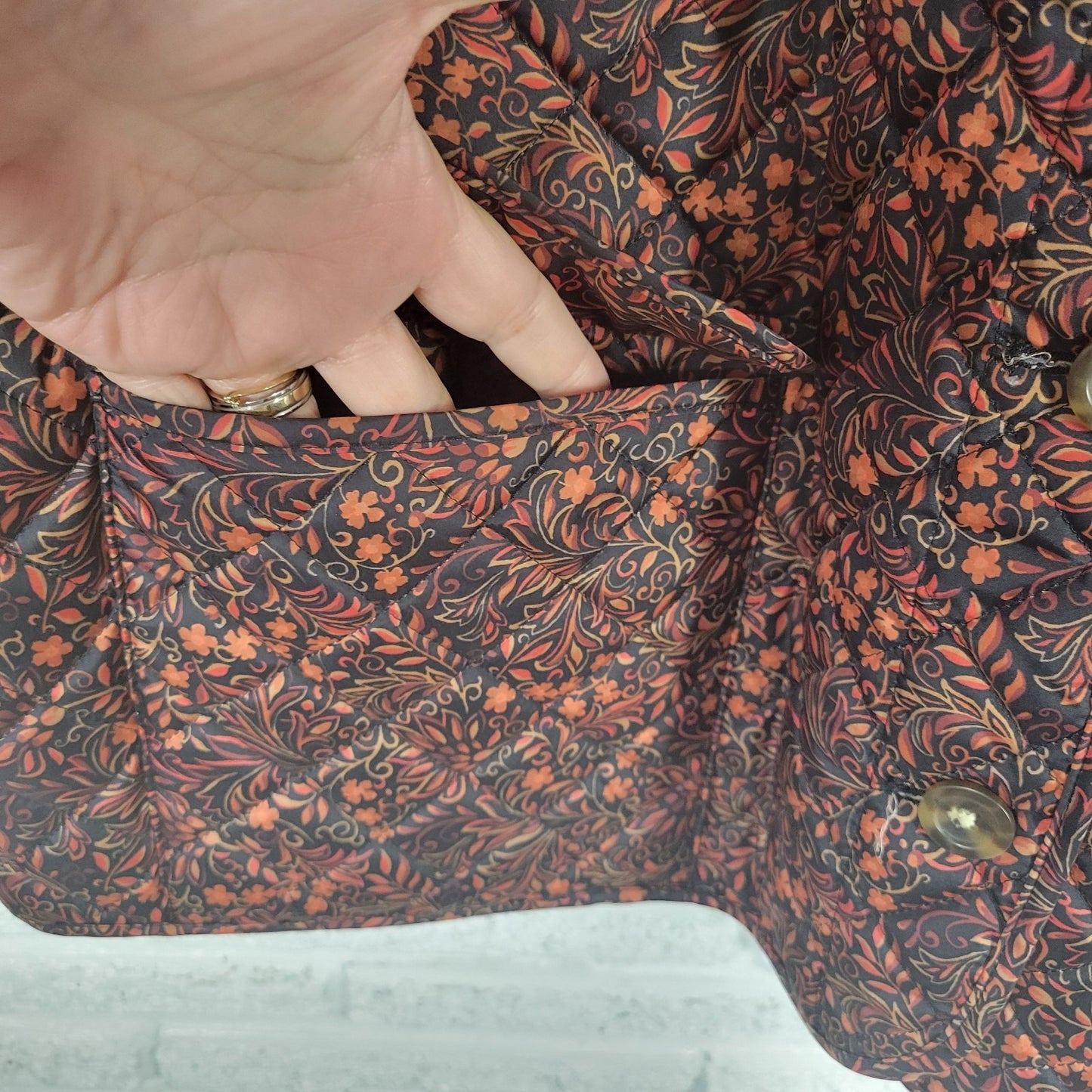 Croft & Barrow 3X Plus Size Quilted Jacket Orange Black Floral Pockets Button