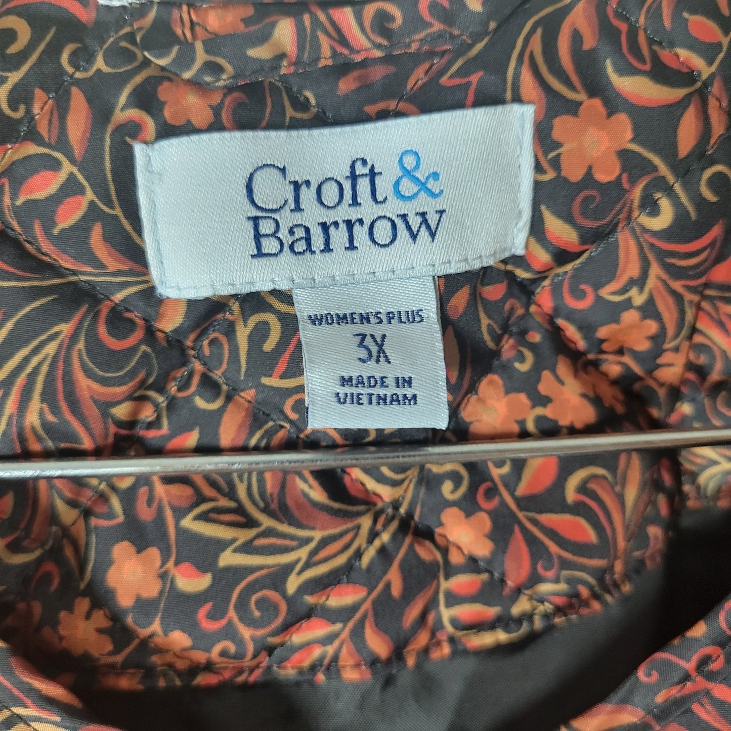 Croft & Barrow 3X Plus Size Quilted Jacket Orange Black Floral Pockets Button