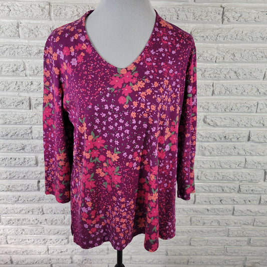 Isaac Mizrahi Live QVC Womens Top XL 3/4 Sleeve Pink Purple Floral Cotton Casual