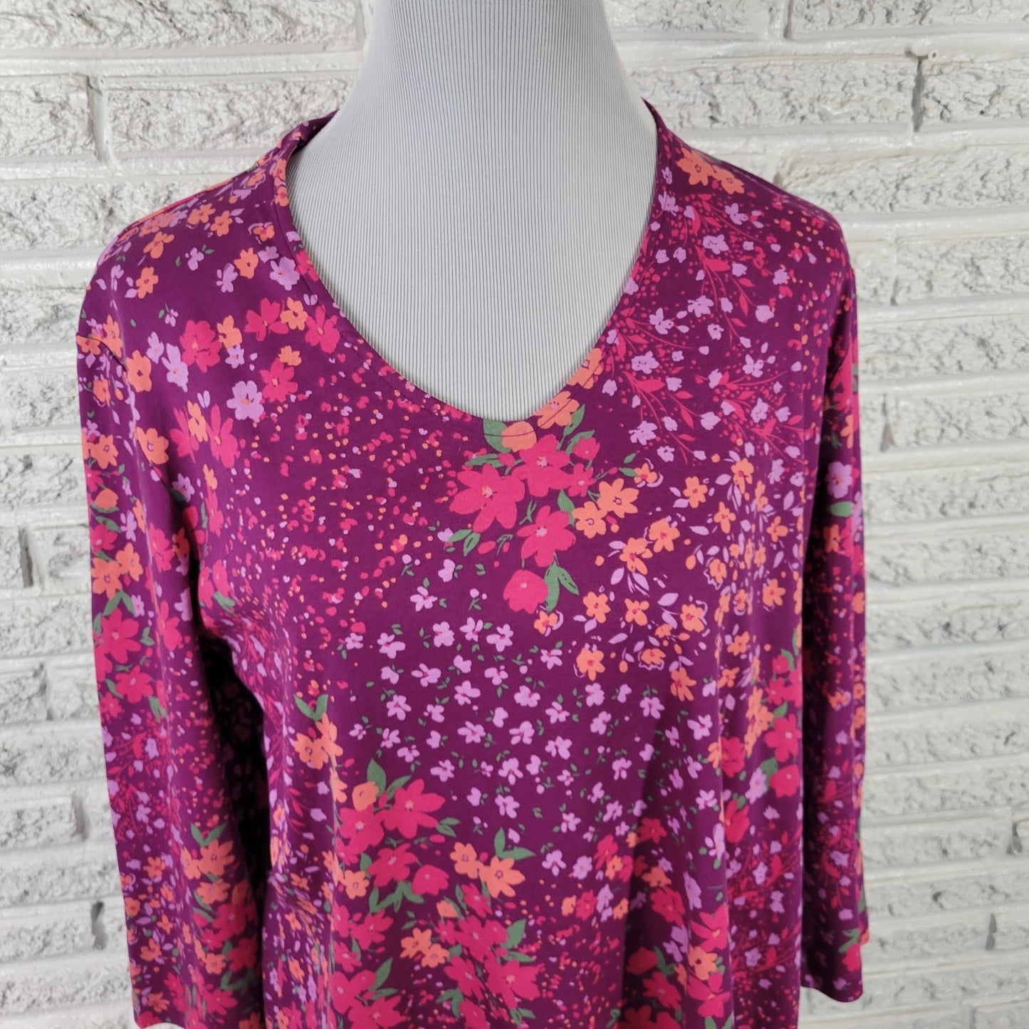 Isaac Mizrahi Live QVC Womens Top XL 3/4 Sleeve Pink Purple Floral Cotton Casual