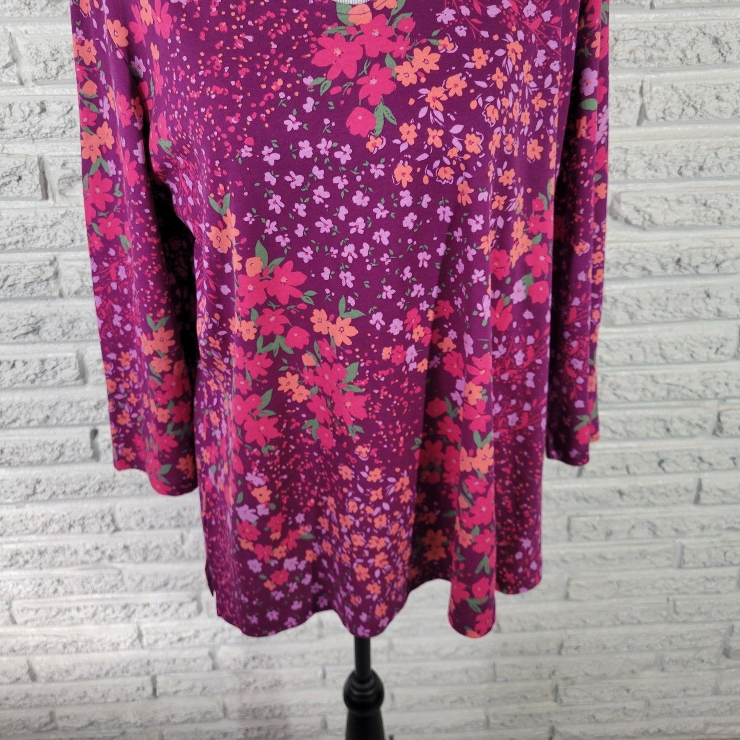 Isaac Mizrahi Live QVC Womens Top XL 3/4 Sleeve Pink Purple Floral Cotton Casual