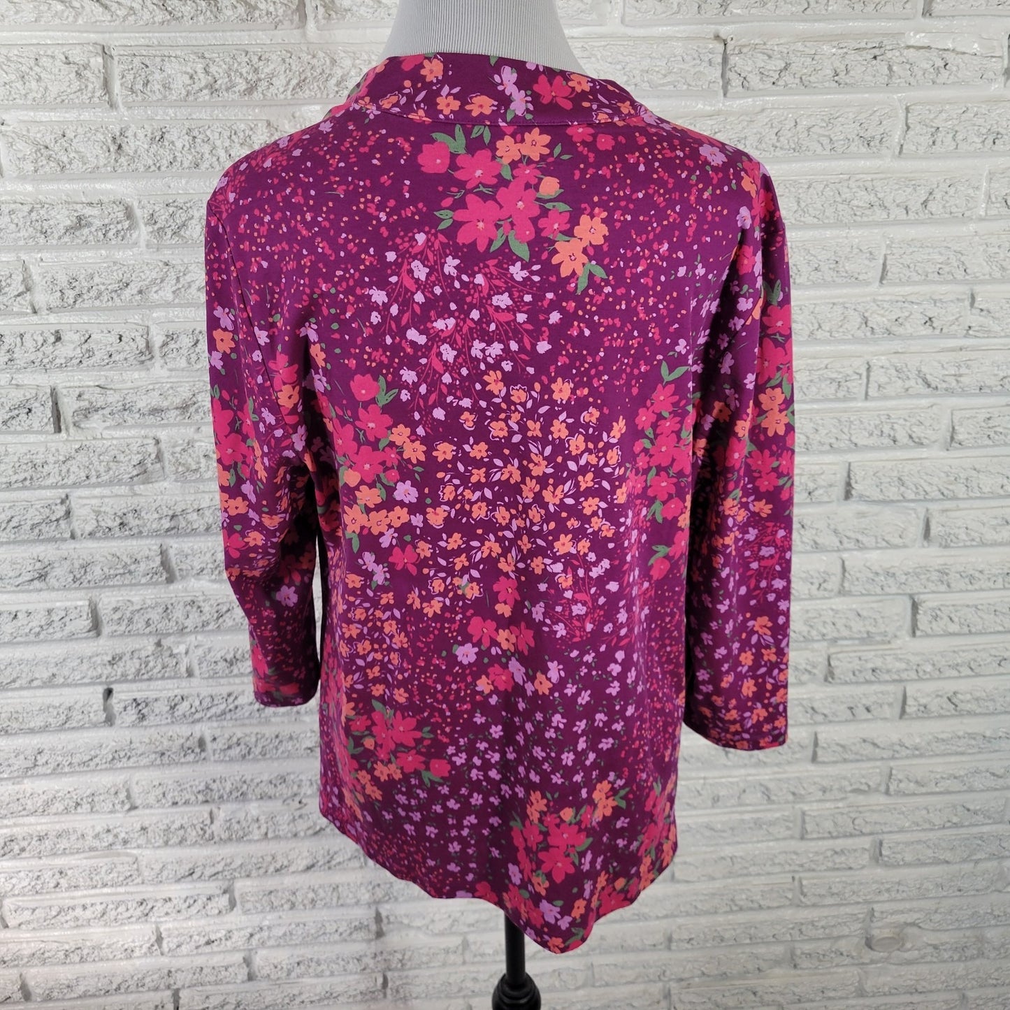 Isaac Mizrahi Live QVC Womens Top XL 3/4 Sleeve Pink Purple Floral Cotton Casual