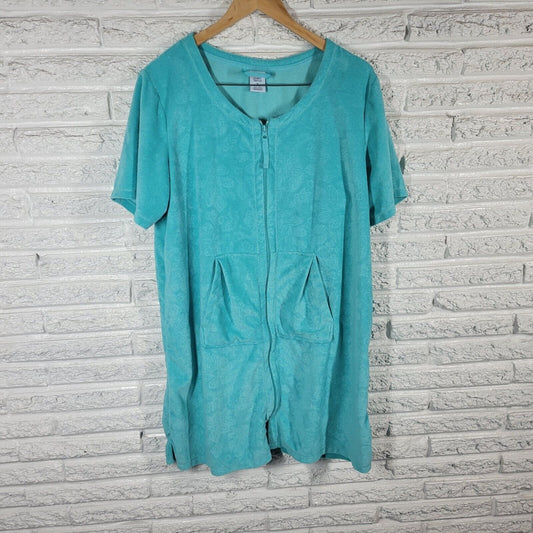 Croft Barrow Women Robe XL Short Sleeve Zip Up Blue Soft Fleece Pockets Lounge