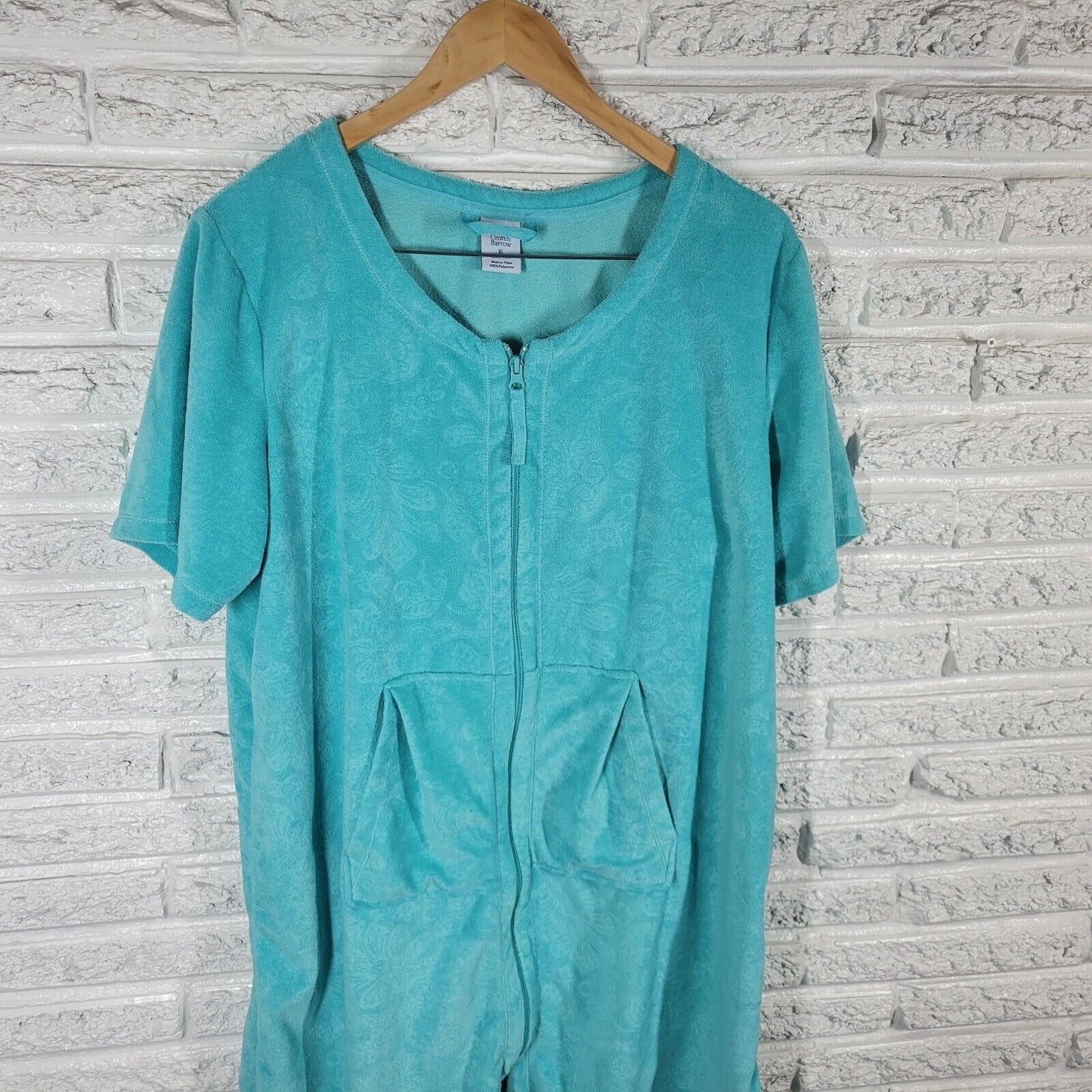 Croft Barrow Women Robe XL Short Sleeve Zip Up Blue Soft Fleece Pockets Lounge