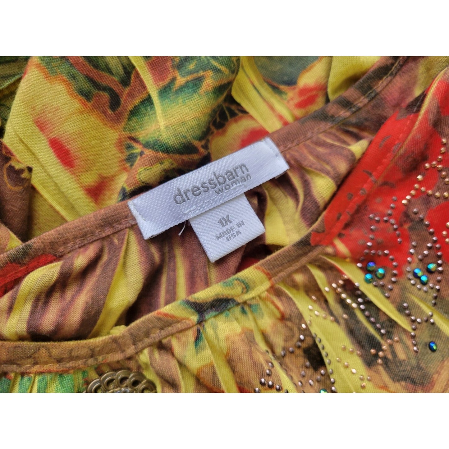 Dress Barn Women Top 1X Plus Dolman 3/4 Sleeve Yellow Floral Laser Cut Studded