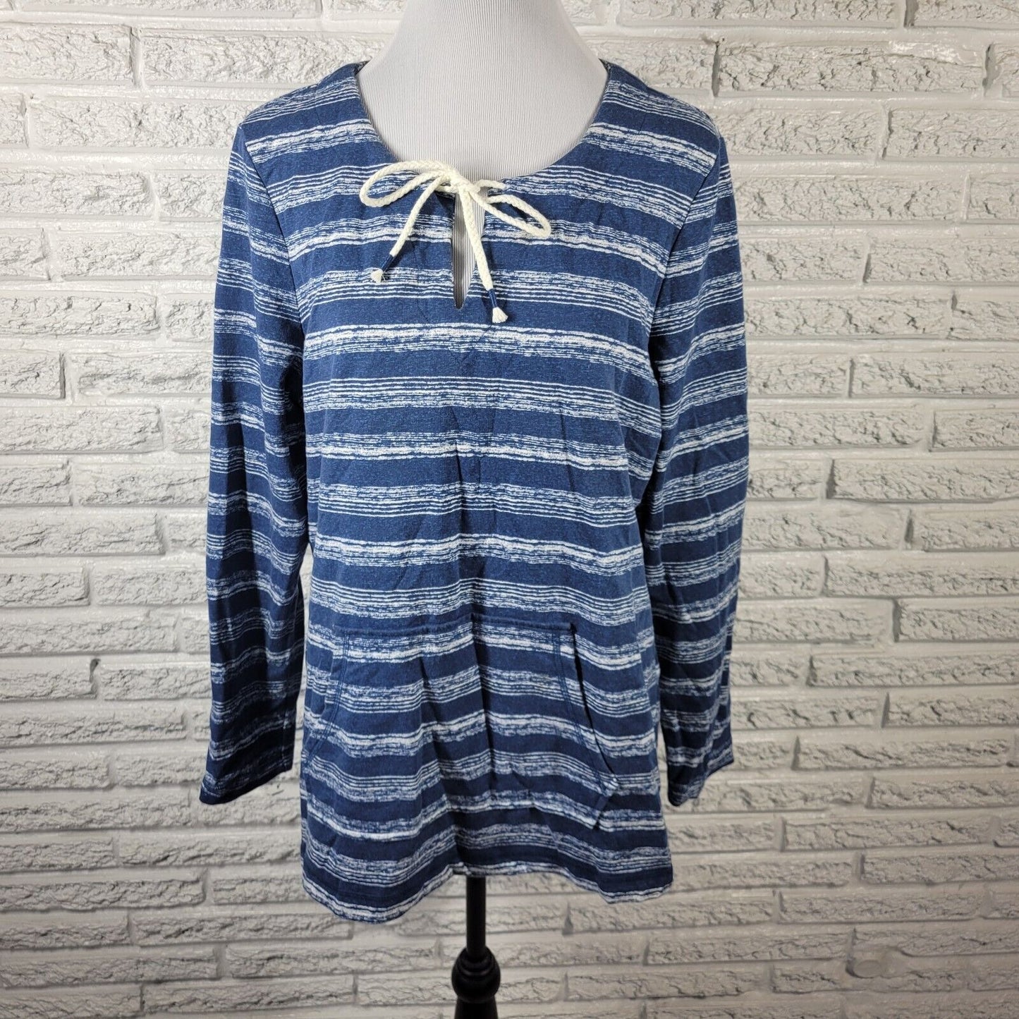 Sonoma Womens Top Extra Large Long Sleeve Blue Watercolor Stripe Pockets Lace Up