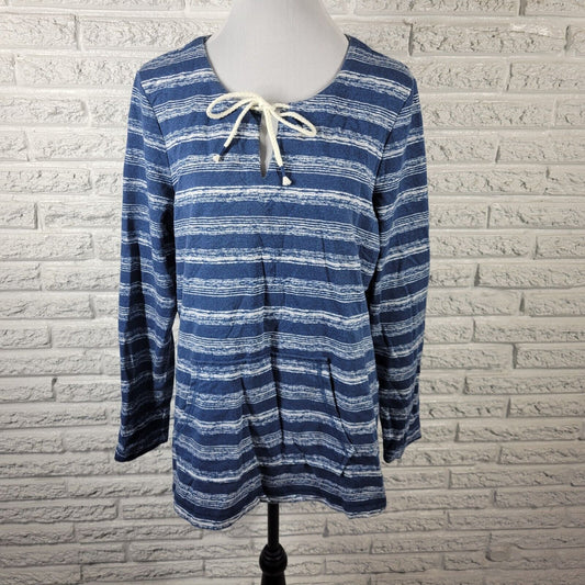 Sonoma Womens Top Extra Large Long Sleeve Blue Watercolor Stripe Pockets Lace Up