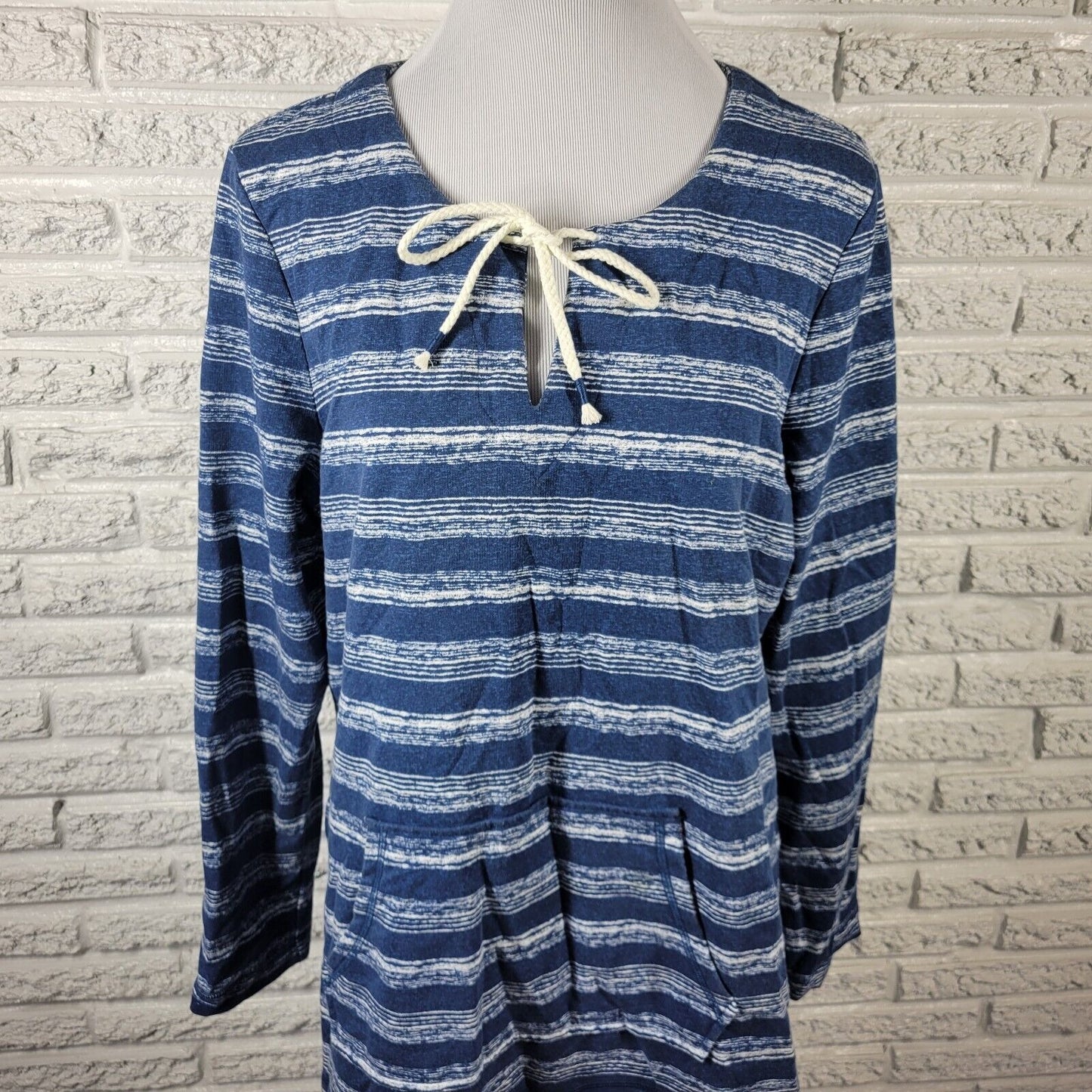 Sonoma Womens Top Extra Large Long Sleeve Blue Watercolor Stripe Pockets Lace Up