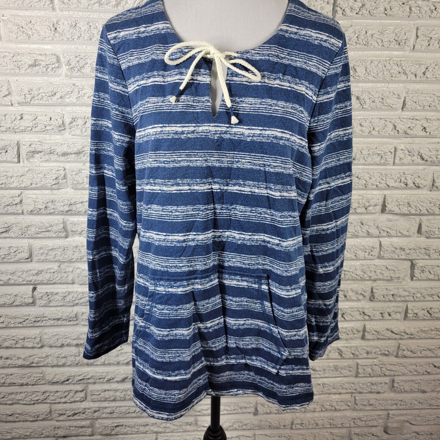 Sonoma Womens Top Extra Large Long Sleeve Blue Watercolor Stripe Pockets Lace Up