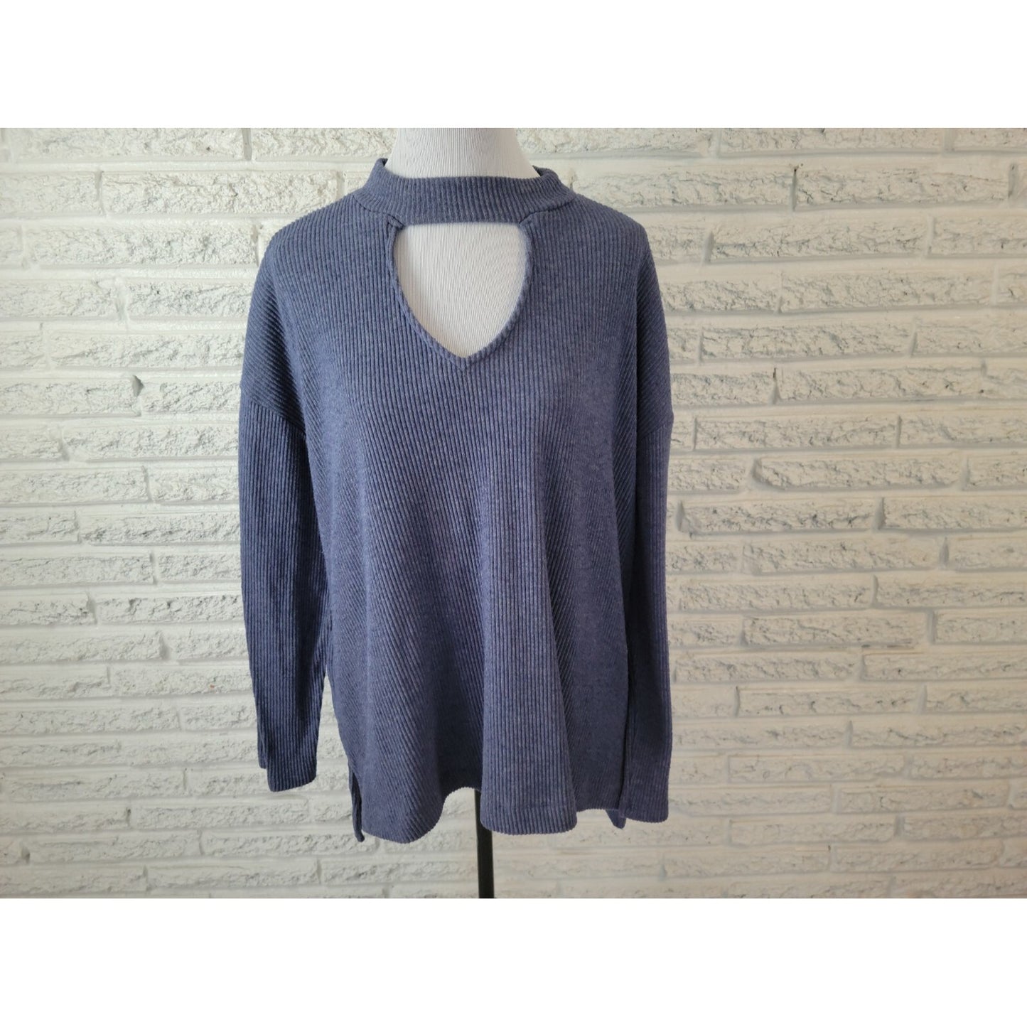 Terra Sky Women Sweater 2X Plus Pullover Asymmetric Keyhole Window Ribbed Blue