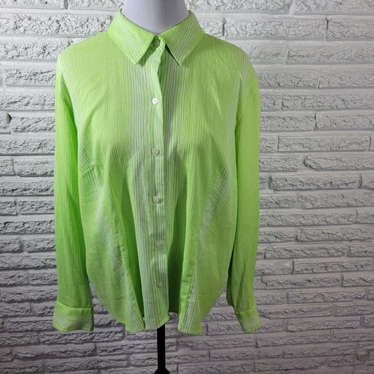 Talbots Womens Top 1X Plus Long Sleeve Lime Green Stripe Cotton Lightweight