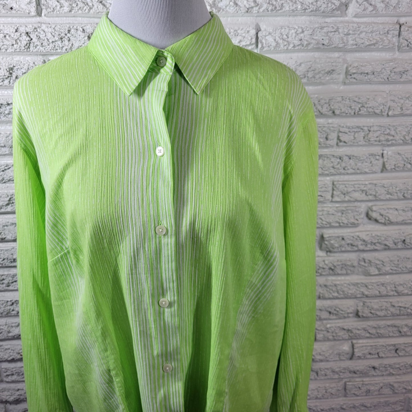 Talbots Womens Top 1X Plus Long Sleeve Lime Green Stripe Cotton Lightweight