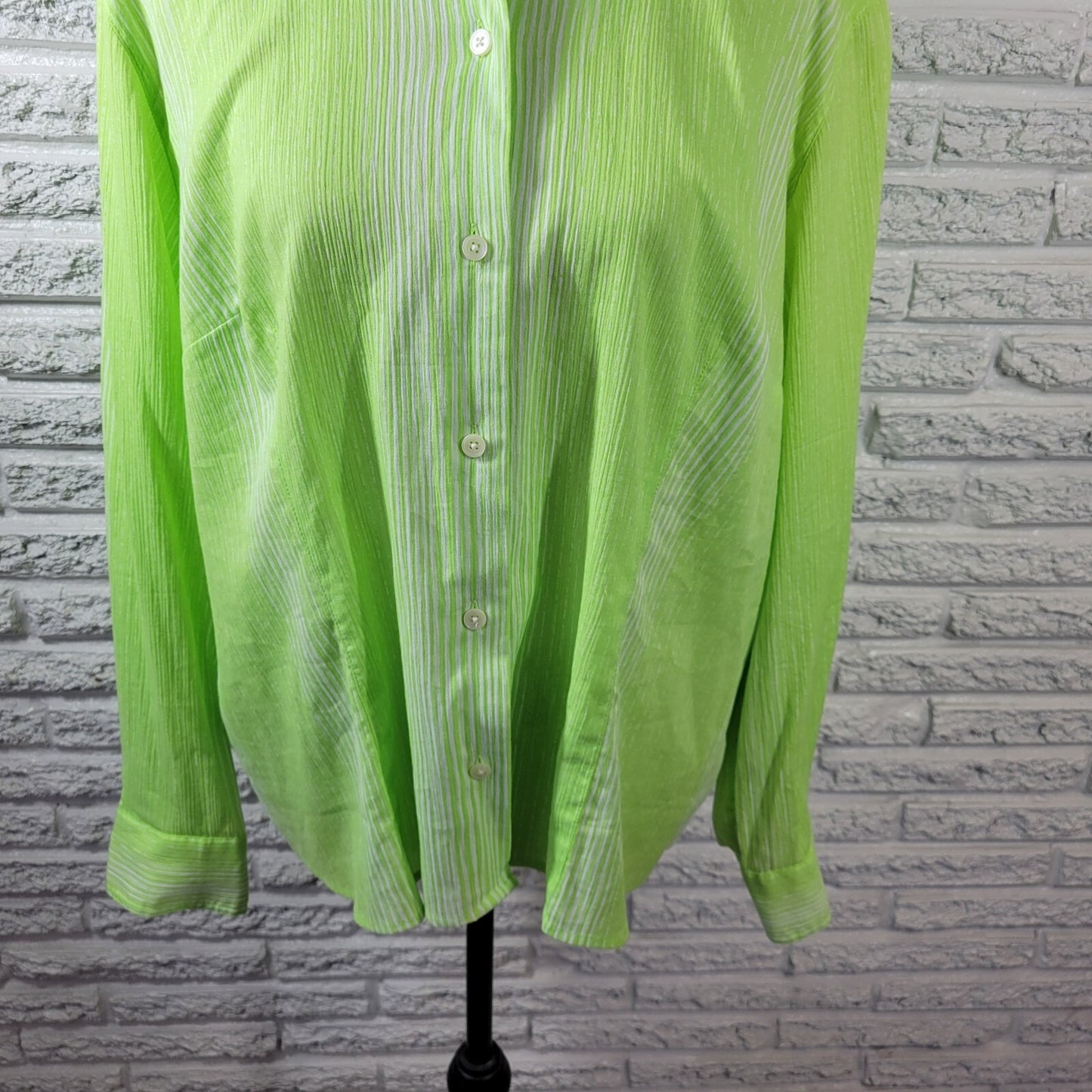 Talbots Womens Top 1X Plus Long Sleeve Lime Green Stripe Cotton Lightweight